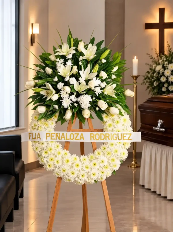 Corona Fúnebre Espinas de Consuelo sobre atril de madera en una sala de velación: base de margaritas blancas con copete de lirios, rosas y crisantemos blancos y cinta de condolencia, junto al cofre y una cruz.