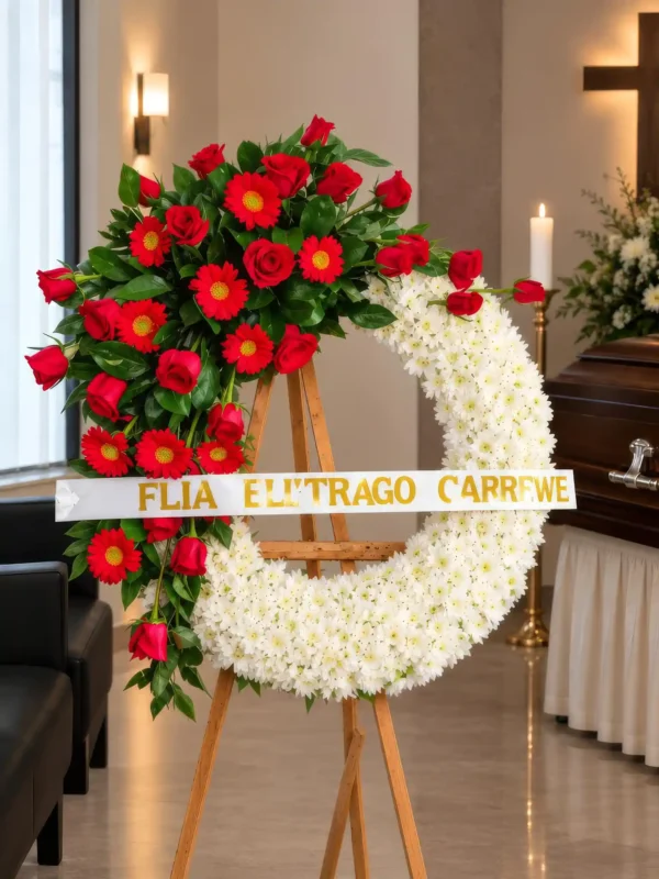 Corona Fúnebre Eternidad sobre atril de madera en una sala de velación: crisantemos blancos con una cascada de rosas y gerberas rojas y cinta de condolencia, junto al cofre y una cruz.