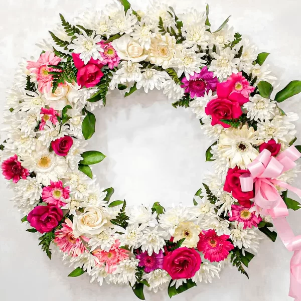 Corona Fúnebre Lágrimas de Luna circular de crisantemos y margaritas blancas con rosas y gerberas fucsia y un moño rosado.