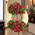 Corona Fúnebre Lazos de Amor sobre atril de madera en una sala de velación: crisantemos blancos con dos ramilletes de rosas rojas y gypsophila, arriba y abajo, junto al cofre y una cruz.