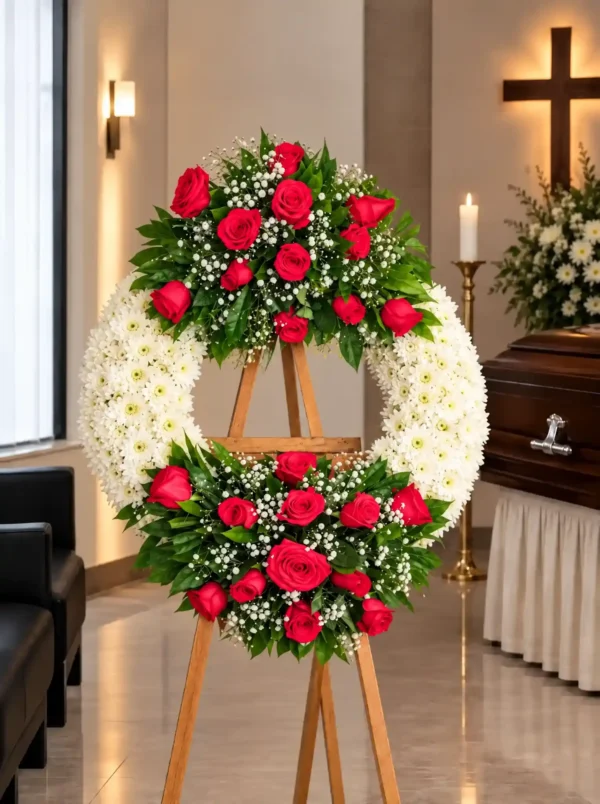 Corona Fúnebre Lazos de Amor sobre atril de madera en una sala de velación: crisantemos blancos con dos ramilletes de rosas rojas y gypsophila, arriba y abajo, junto al cofre y una cruz.