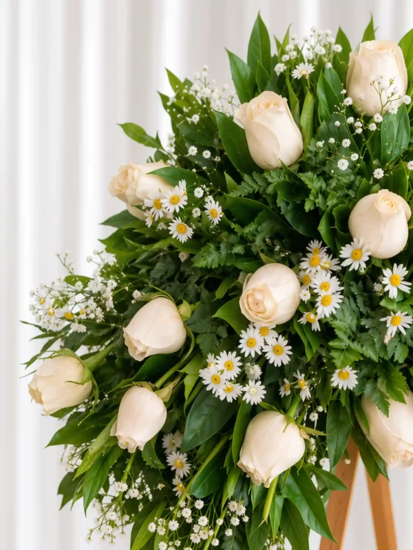 Detalle de la Corona Fúnebre Luz Eterna: rosas crema, margaritas blancas y gypsophila entre follaje verde.