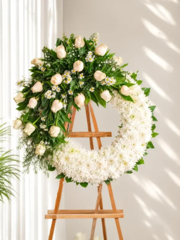 Corona Fúnebre Luz Eterna circular de crisantemos blancos con rosas crema y margaritas arriba, sobre atril de madera.