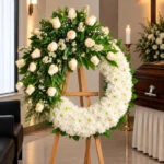 Corona Fúnebre Luz Eterna sobre atril de madera en una sala de velación: crisantemos blancos en media luna con un ramillete de rosas crema y margaritas, junto al cofre y una cruz.