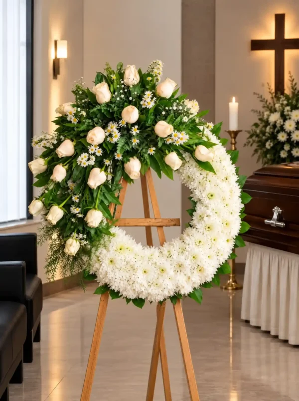 Corona Fúnebre Luz Eterna sobre atril de madera en una sala de velación: crisantemos blancos en media luna con un ramillete de rosas crema y margaritas, junto al cofre y una cruz.