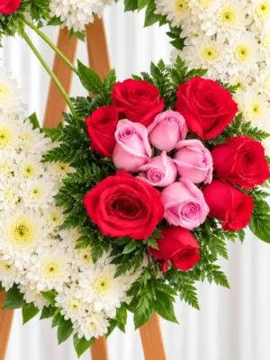 Detalle de la Corona Fúnebre Ternura: ramillete de rosas rojas con rosas rosadas al centro y helecho, sobre el corazón de crisantemos blancos.