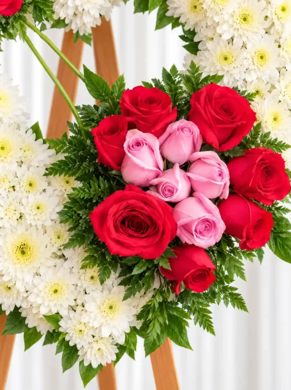 Detalle de la Corona Fúnebre Ternura: ramillete de rosas rojas con rosas rosadas al centro y helecho, sobre el corazón de crisantemos blancos.