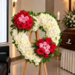Corona Fúnebre Ternura sobre atril de madera en una sala de velación: corazón de crisantemos blancos con dos ramilletes de rosas rojas y rosadas, junto al cofre y una cruz.