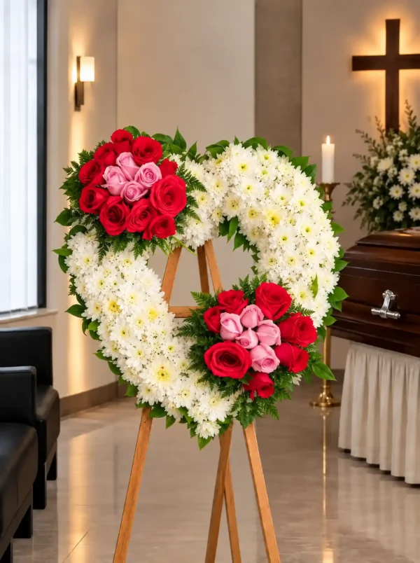 Corona Fúnebre Ternura sobre atril de madera en una sala de velación: corazón de crisantemos blancos con dos ramilletes de rosas rojas y rosadas, junto al cofre y una cruz.