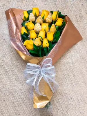 Bouquet de rosas amarillas con fresas de chocolate en Bogotá, ideal para cumpleaños, aniversarios y agradecimientos