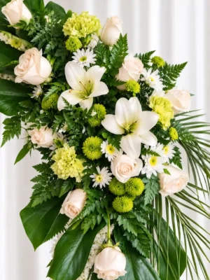 Detalle de la Corona Fúnebre Ágata: rosas crema, lirios blancos, claveles y pompones verde limón y margaritas blancas entre helecho y hojas de palma.