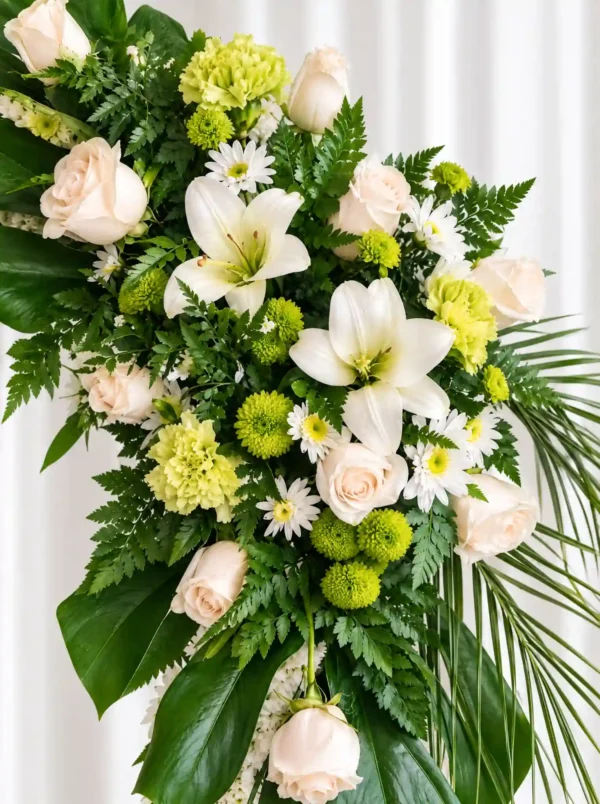 Detalle de la Corona Fúnebre Ágata: rosas crema, lirios blancos, claveles y pompones verde limón y margaritas blancas entre helecho y hojas de palma.