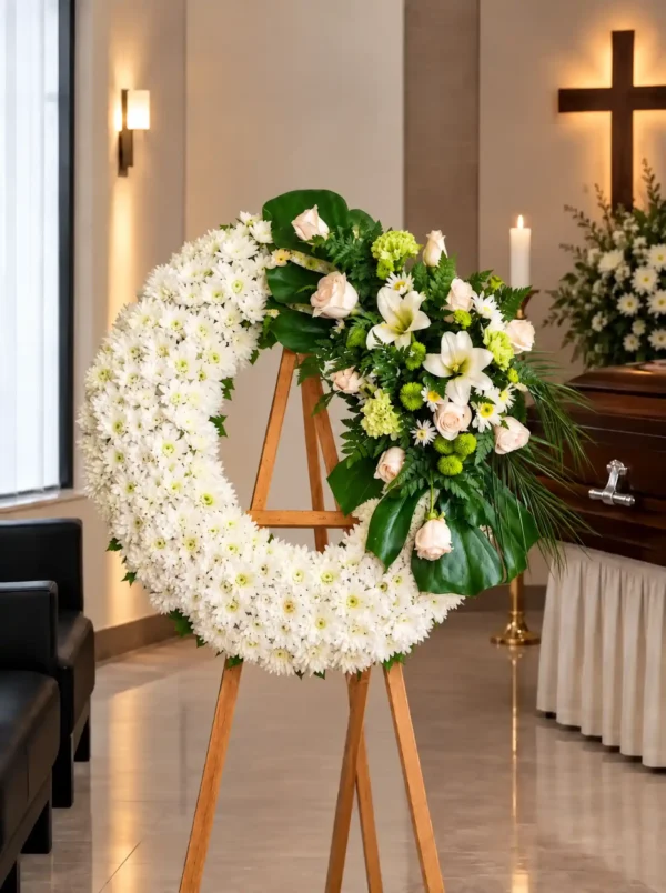Corona Fúnebre Ágata sobre atril de madera en una sala de velación: crisantemos blancos con un ramillete lateral de rosas crema, lirios blancos y flores verdes, junto al cofre y una cruz.