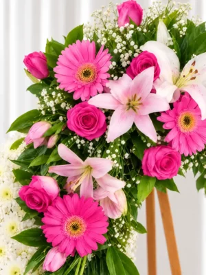 Detalle de la Corona Fúnebre Alma Preciosa: gerberas y rosas fucsia, lirios rosados y blancos y gypsophila entre follaje verde.