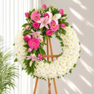 Corona Fúnebre Alma Preciosa circular de crisantemos blancos con rosas y gerberas fucsia, lirios rosados, sobre atril de madera.