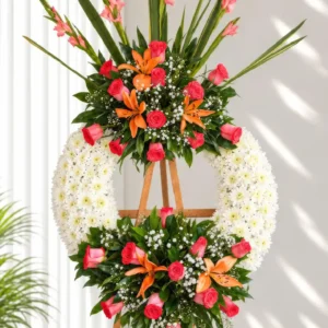 Corona Fúnebre Amor circular de crisantemos blancos con rosas rojas, lirios naranjas y gladiolos rosados, sobre atril de madera.