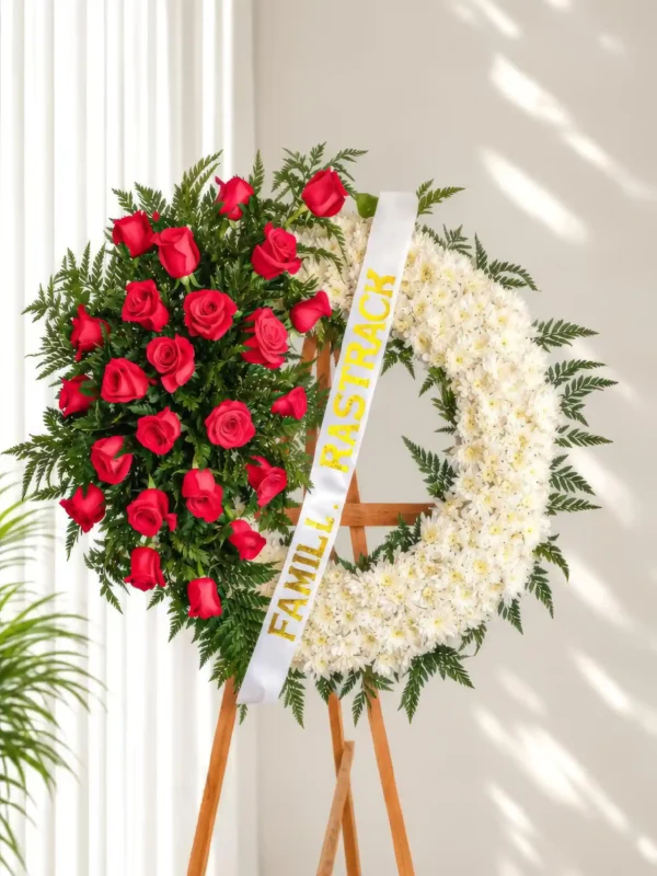 Corona Fúnebre Aurora circular, mitad rosas rojas con helecho y mitad crisantemos blancos, con cinta blanca de dedicatoria, sobre atril de madera.