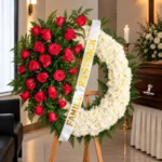 Corona Fúnebre Aurora sobre atril de madera en una sala de velación: mitad rosas rojas con helecho y mitad crisantemos blancos, con cinta blanca de dedicatoria, junto al cofre y una cruz.
