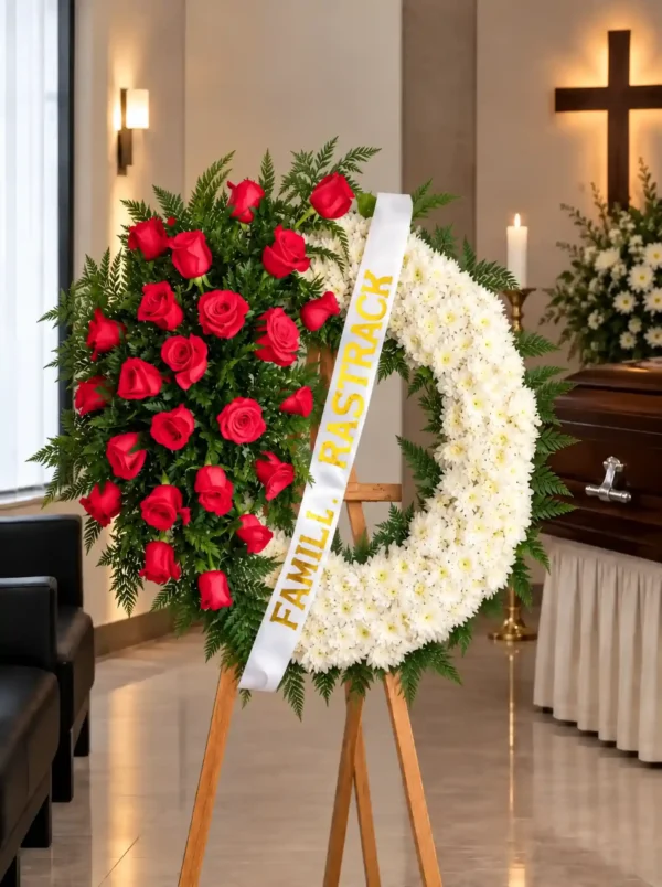 Corona Fúnebre Aurora sobre atril de madera en una sala de velación: mitad rosas rojas con helecho y mitad crisantemos blancos, con cinta blanca de dedicatoria, junto al cofre y una cruz.