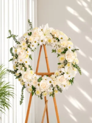 Corona Fúnebre Celeste circular de crisantemos y margaritas blancas con rosas crema, un lirio y eucalipto, sobre atril de madera.