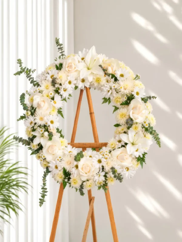 Corona Fúnebre Celeste circular de crisantemos y margaritas blancas con rosas crema, un lirio y eucalipto, sobre atril de madera.