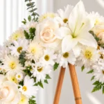 Detalle de la Corona Fúnebre Celeste: rosas crema, un lirio blanco, margaritas y crisantemos blancos con eucalipto y helecho.