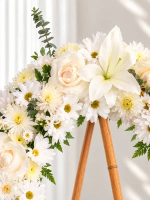 Detalle de la Corona Fúnebre Celeste: rosas crema, un lirio blanco, margaritas y crisantemos blancos con eucalipto y helecho.