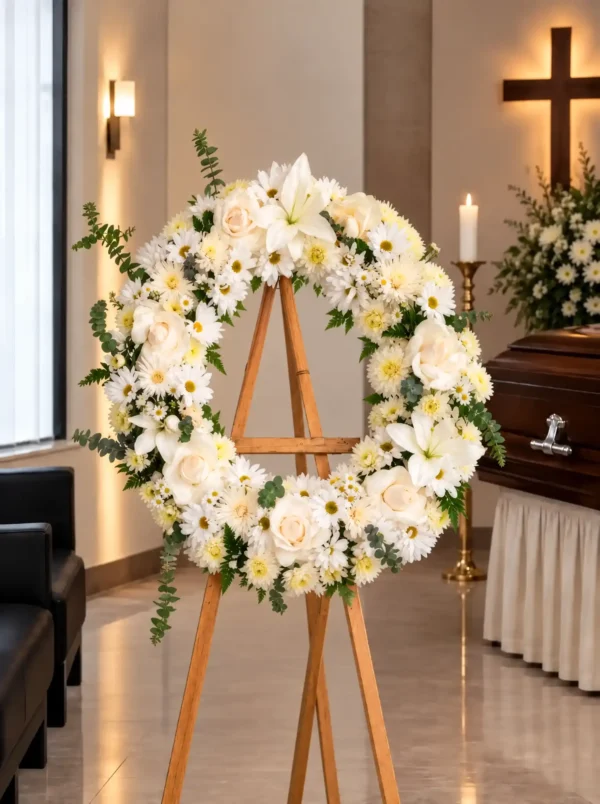 Corona Fúnebre Celeste sobre atril de madera en una sala de velación: corona circular de rosas crema, lirios, margaritas y crisantemos blancos con eucalipto, junto al cofre y una cruz.