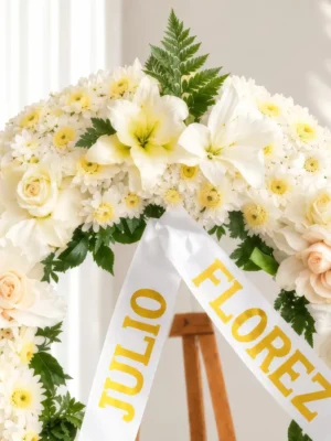 Detalle de la Corona Fúnebre Cristal: lirios blancos, crisantemos blancos de centro amarillo, rosas crema y durazno, claveles blancos y helecho, con cinta blanca de condolencia en letras doradas.