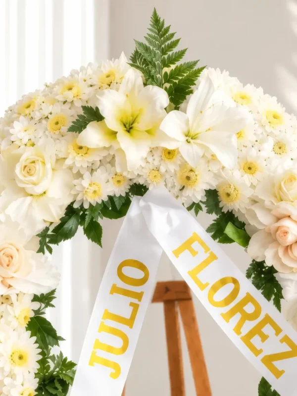 Detalle de la Corona Fúnebre Cristal: lirios blancos, crisantemos blancos de centro amarillo, rosas crema y durazno, claveles blancos y helecho, con cinta blanca de condolencia en letras doradas.