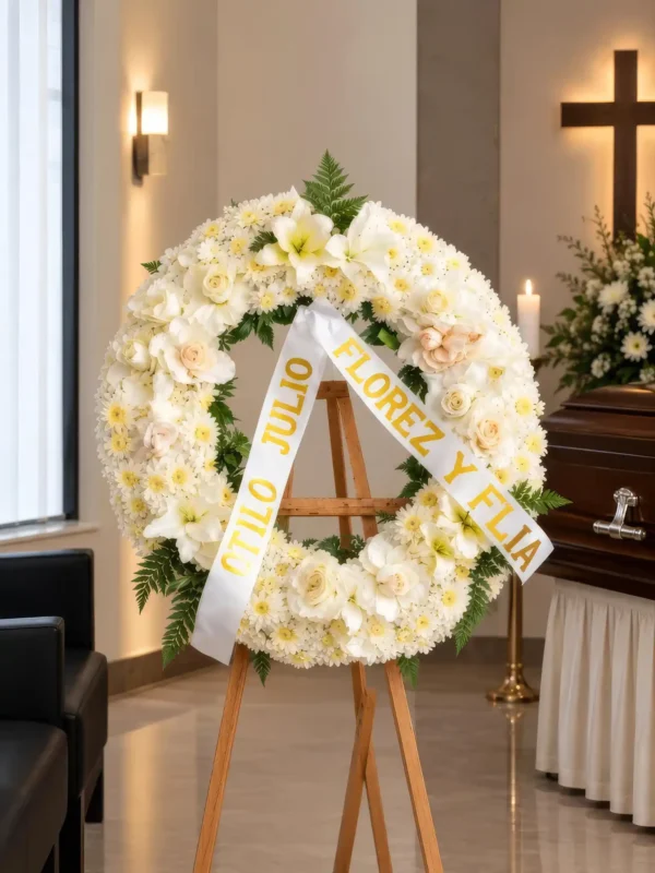 Corona Fúnebre Cristal sobre atril de madera en una sala de velación: crisantemos blancos con lirios, rosas crema y durazno y claveles blancos, cinta de condolencia en letras doradas, junto al cofre y una cruz.