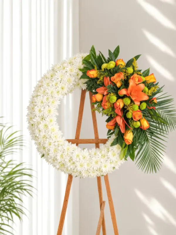 Corona Fúnebre Descansa en Paz de crisantemos blancos en media luna, con rosas y lirios naranjas, sobre atril de madera.