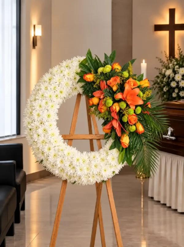 Corona Fúnebre Descansa en Paz sobre atril de madera en una sala de velación: crisantemos blancos en media luna con un ramillete de rosas y lirios naranjas y pompones verdes, junto al cofre y una cruz.