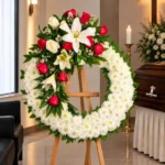 Corona Fúnebre Doncella sobre atril de madera en una sala de velación: crisantemos blancos con un ramillete de lirios blancos y rosas rojas y blancas, junto al cofre y una cruz.