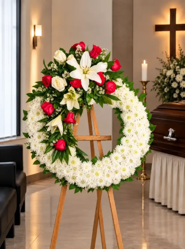Corona Fúnebre Doncella sobre atril de madera en una sala de velación: crisantemos blancos con un ramillete de lirios blancos y rosas rojas y blancas, junto al cofre y una cruz.