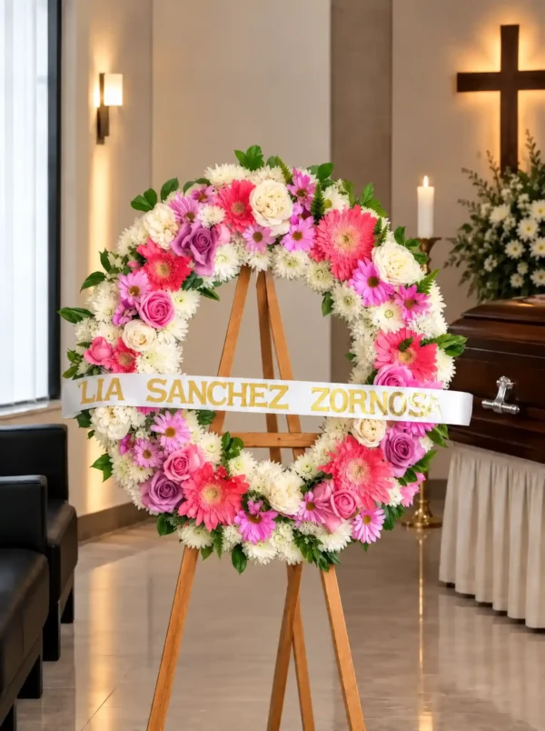 Corona Fúnebre Elegía de Colores sobre atril de madera en una sala de velación: corona circular de crisantemos blancos, gerberas coral, rosas lila y margaritas rosadas, con cinta de condolencia, junto al cofre y una cruz.