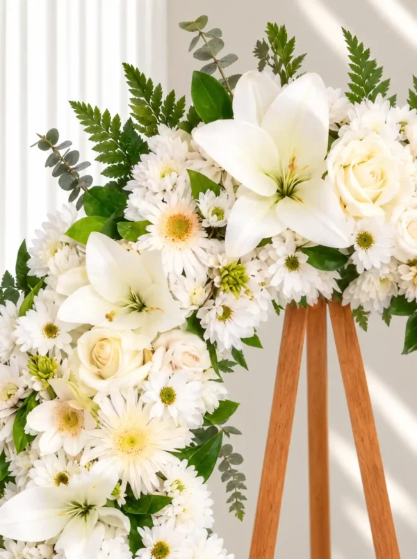 Detalle de la Corona Fúnebre Esmeralda: lirios blancos, rosas crema, gerberas y margaritas blancas con helecho y eucalipto.