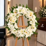 Corona Fúnebre Esmeralda sobre atril de madera en una sala de velación: corona circular de lirios, rosas, gerberas y margaritas blancas con helecho y eucalipto, junto al cofre y una cruz.