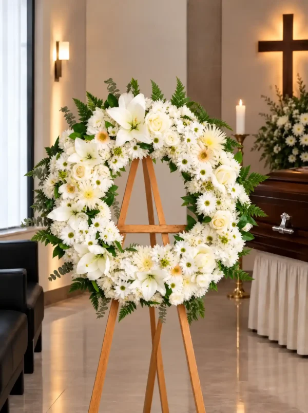 Corona Fúnebre Esmeralda sobre atril de madera en una sala de velación: corona circular de lirios, rosas, gerberas y margaritas blancas con helecho y eucalipto, junto al cofre y una cruz.