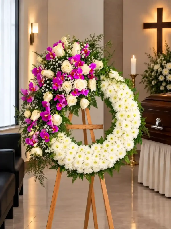 Corona Fúnebre Hechizo de Paz sobre atril de madera en una sala de velación: crisantemos blancos con una cascada de rosas blancas y orquídeas fucsia, junto al cofre y una cruz.