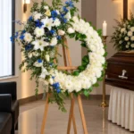 Corona Fúnebre Magia Eterna sobre atril de madera en una sala de velación: crisantemos blancos con lirios blancos, espuela de caballero azul y gypsophila, junto al cofre y una cruz.
