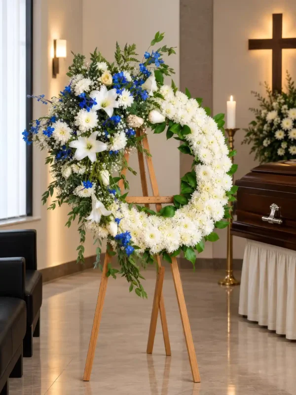 Corona Fúnebre Magia Eterna sobre atril de madera en una sala de velación: crisantemos blancos con lirios blancos, espuela de caballero azul y gypsophila, junto al cofre y una cruz.
