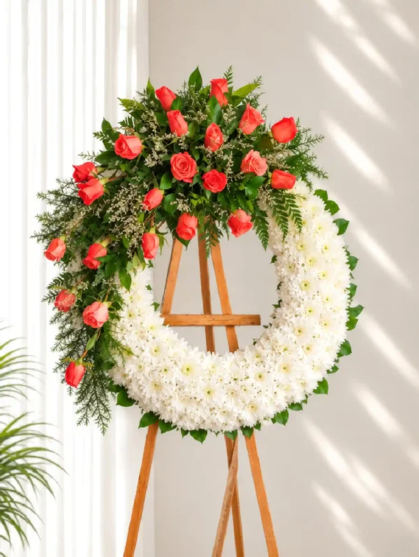 Corona Fúnebre Memoria circular de crisantemos blancos con media corona de rosas coral, caspia y follaje, sobre atril de madera.