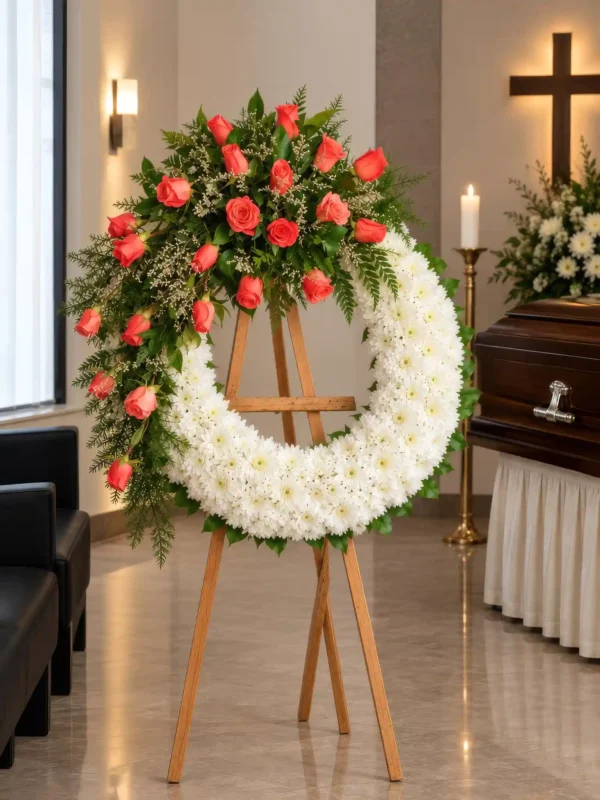 Corona Fúnebre Memoria sobre atril de madera en una sala de velación: rosas coral con caspia y crisantemos blancos, junto al cofre y una cruz.