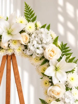 Detalle de la Corona Fúnebre Pureza: lirios blancos, rosas crema, hortensias y crisantemos blancos con helecho.