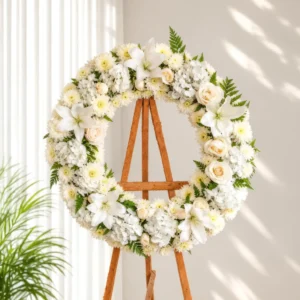 Corona Fúnebre Pureza circular de flores blancas: lirios, rosas crema, hortensias y crisantemos con helecho, sobre atril de madera.
