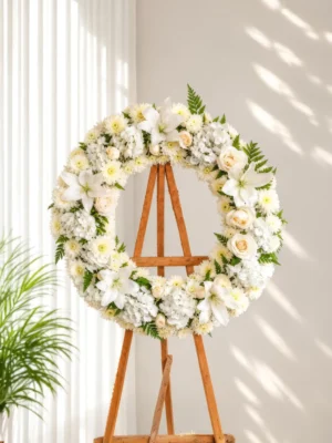 Corona Fúnebre Pureza circular de flores blancas: lirios, rosas crema, hortensias y crisantemos con helecho, sobre atril de madera.