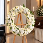 Corona Fúnebre Pureza sobre atril de madera en una sala de velación: corona circular de lirios, rosas crema, hortensias y crisantemos blancos con helecho, junto al cofre y una cruz.