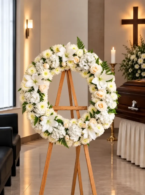 Corona Fúnebre Pureza sobre atril de madera en una sala de velación: corona circular de lirios, rosas crema, hortensias y crisantemos blancos con helecho, junto al cofre y una cruz.