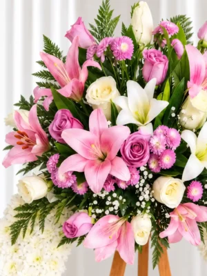 Detalle de la Corona Fúnebre Reencuentro: lirios rosados y blancos, rosas lila y blancas, pompones fucsia y gypsophila entre helecho.